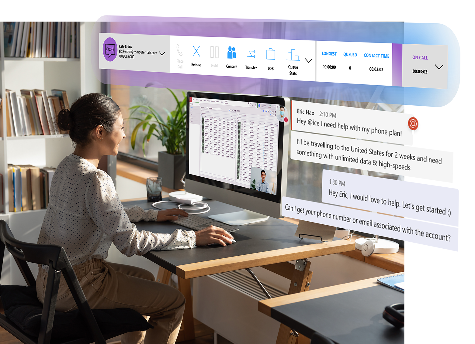 Woman looking at screen with ice Contact Center on her screen